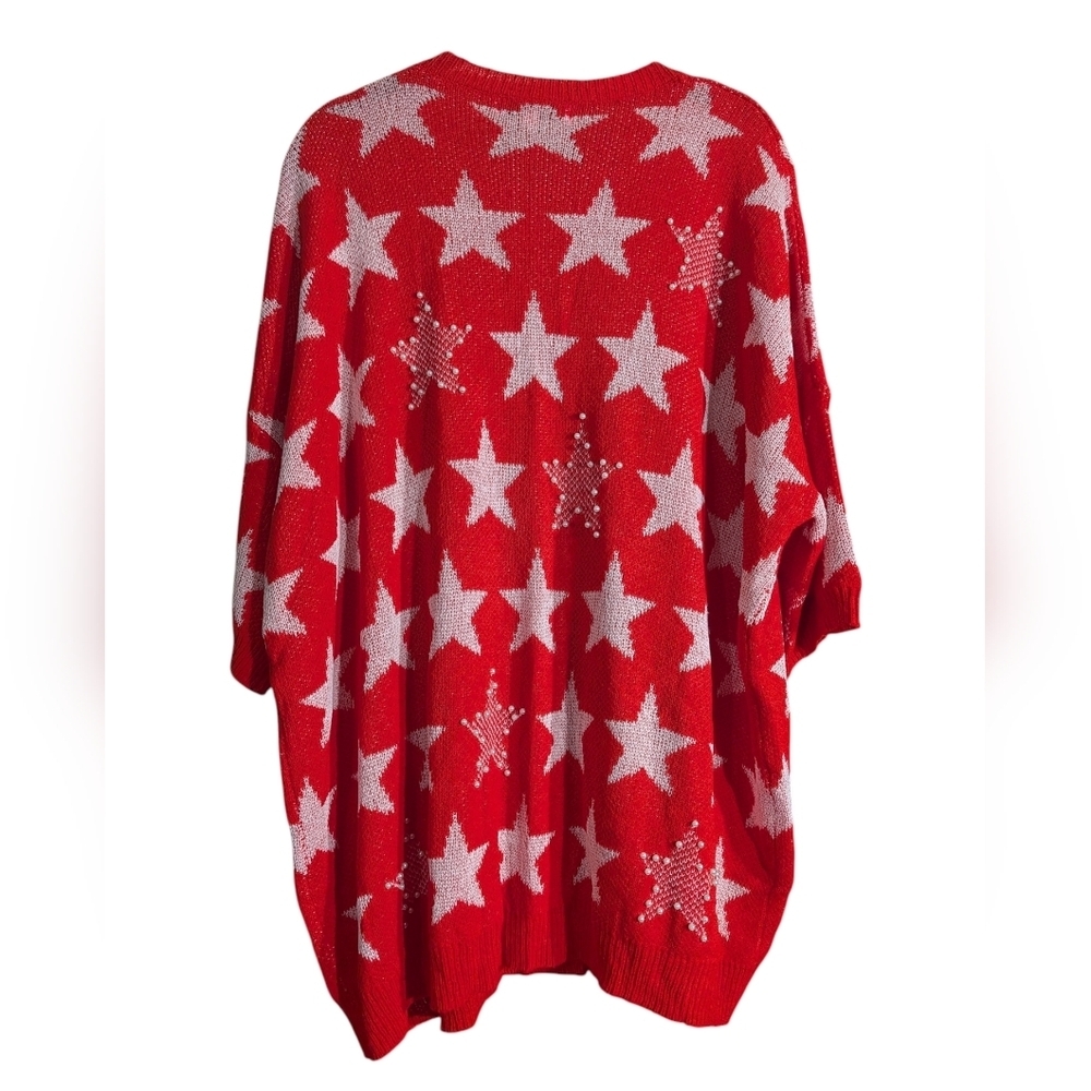 Red Star Print Oversized Sweater w/ Pearl Embellishments | Boho Cozy Size 1X - Picture 7 of 8
